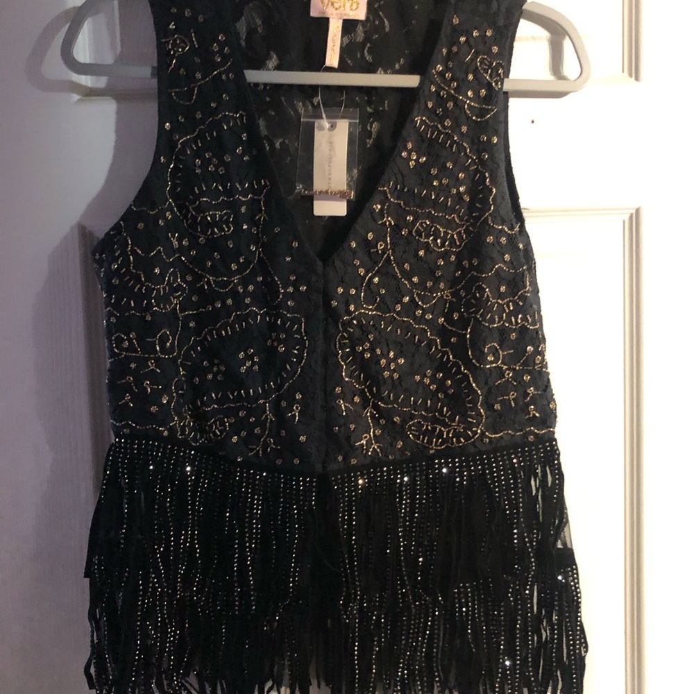 Anthropologie Black Beaded Fringe Button Down Vest M